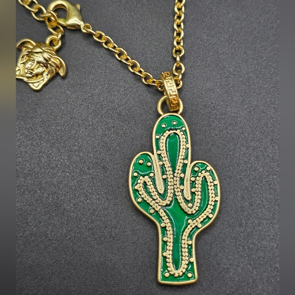 Versace Gold Necklace with Green Cactus Pendant
